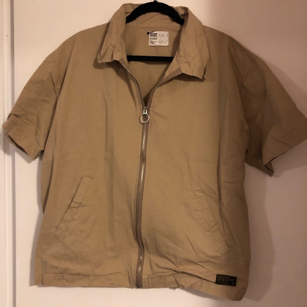 Korean-styled beige shortsleeve zip up